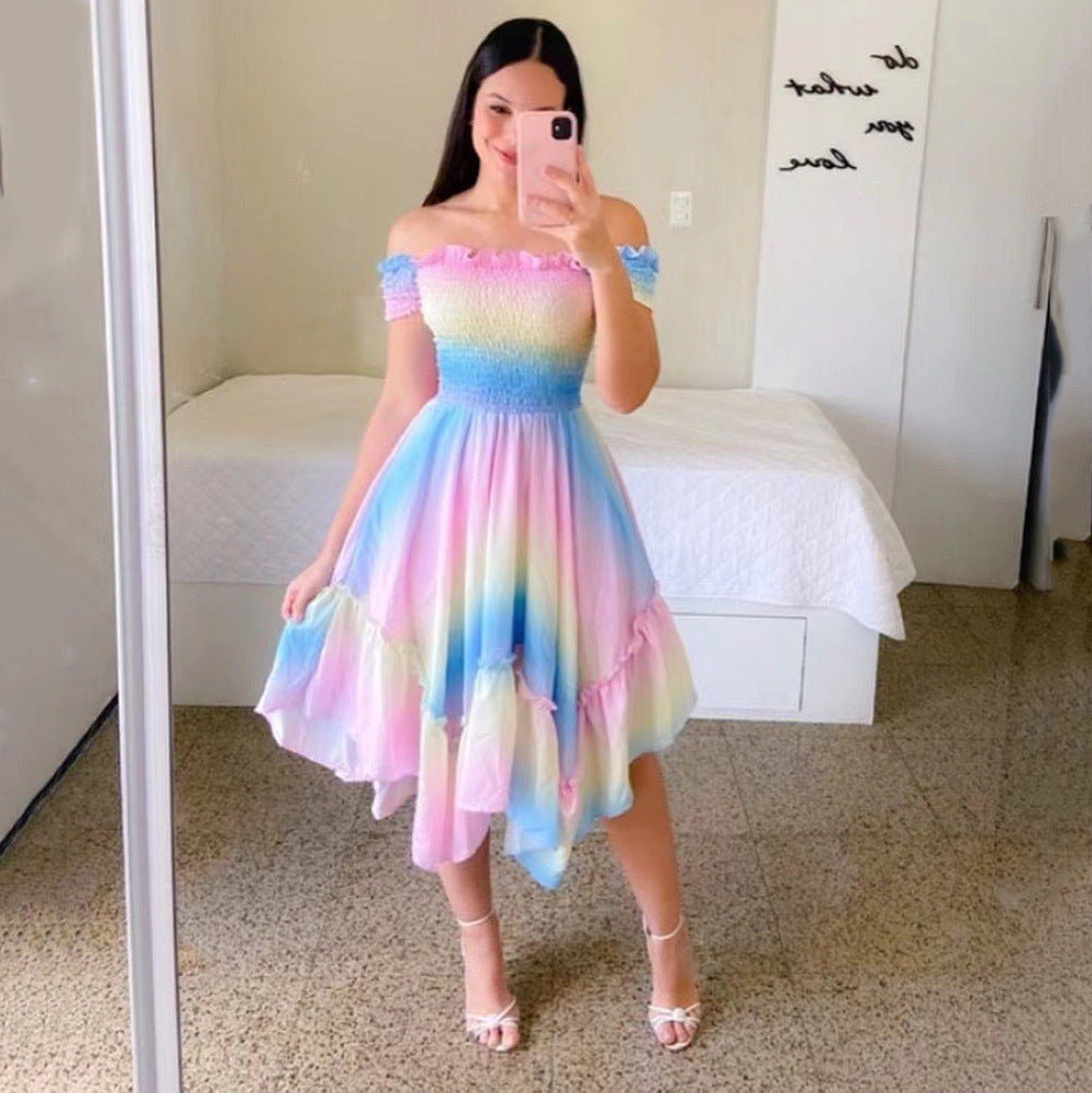 fashion cross-border   one-shoulder asymmetrical off-shoulder short-sleeve digital print dress