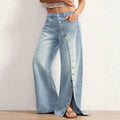 Fashionjeans women's team button slit loose jeans retro washed detachable buttons draped mop pants