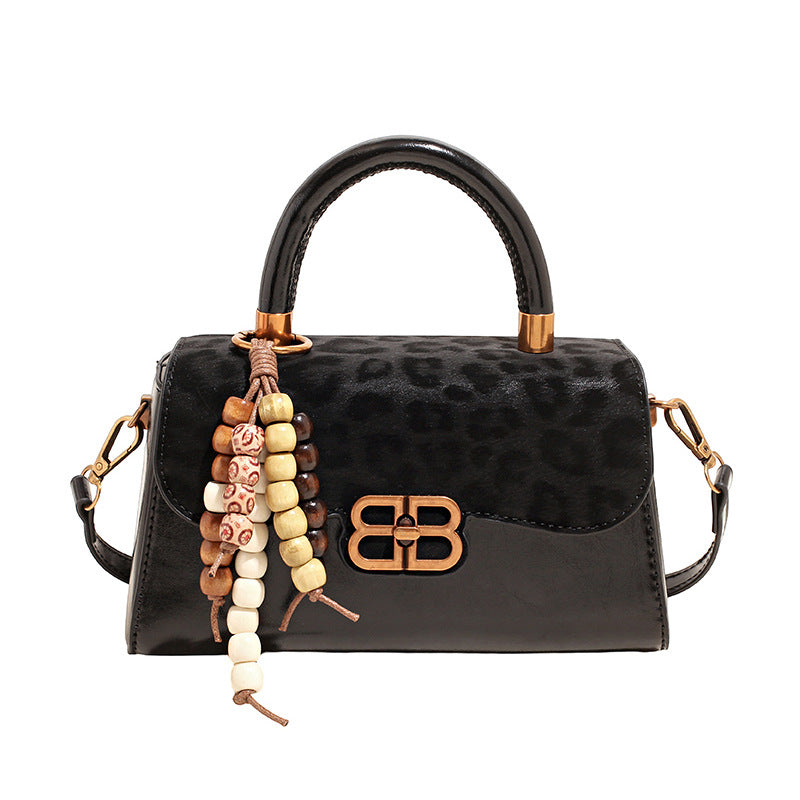 French fashion handbag small square bag women's retro color block leopard print shoulder bag autumn and winter high-end color block crossbody bag