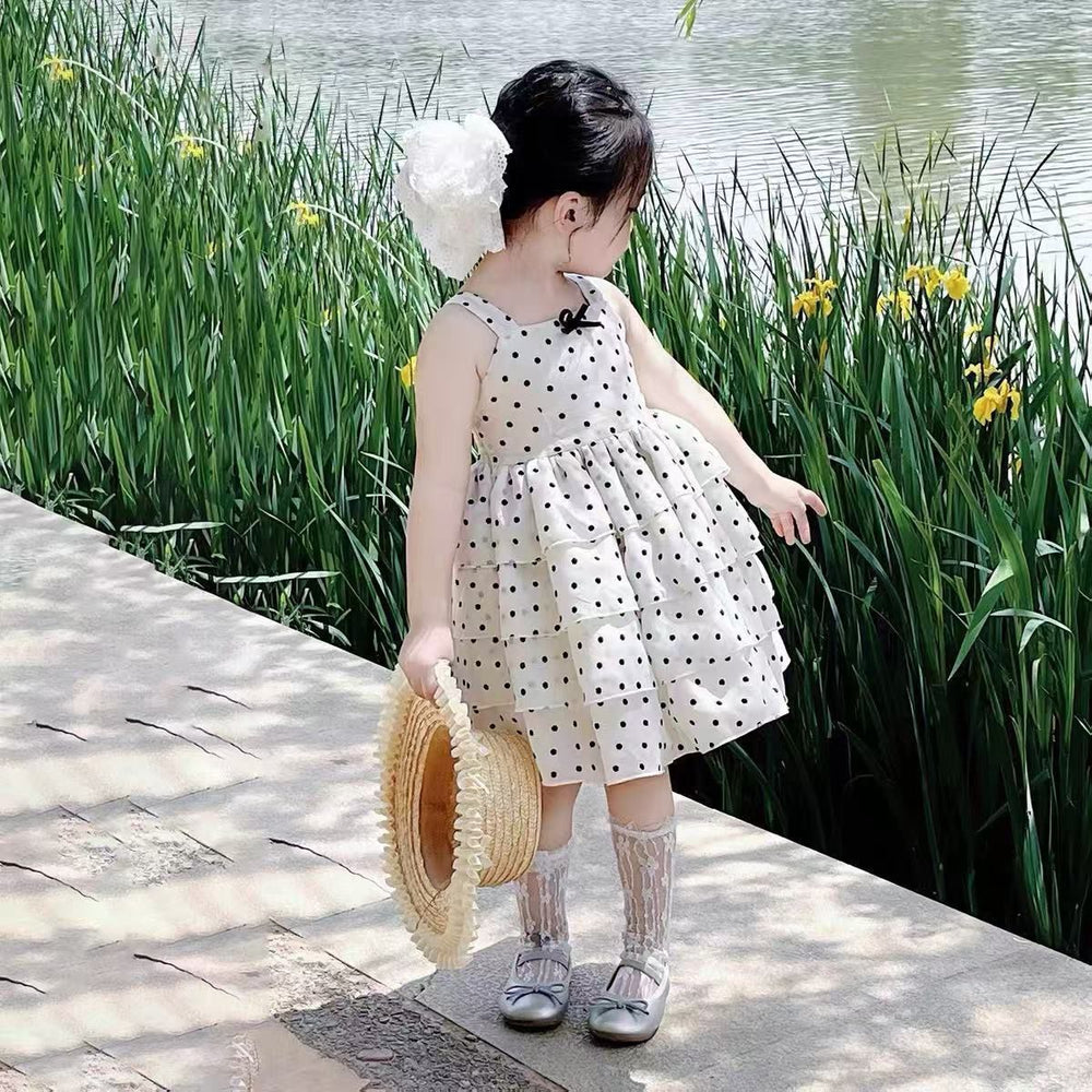 French style girls'  sundress - new summer polka dot tiered dress - baby puffy princess cute dress