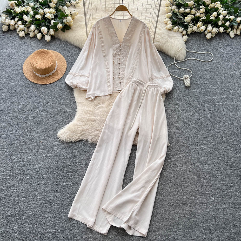 Classy sense of dressing for women autumloosecasuallacepatchwork lantern sleeve v neck shirt high waist wide leg straight-leg pants