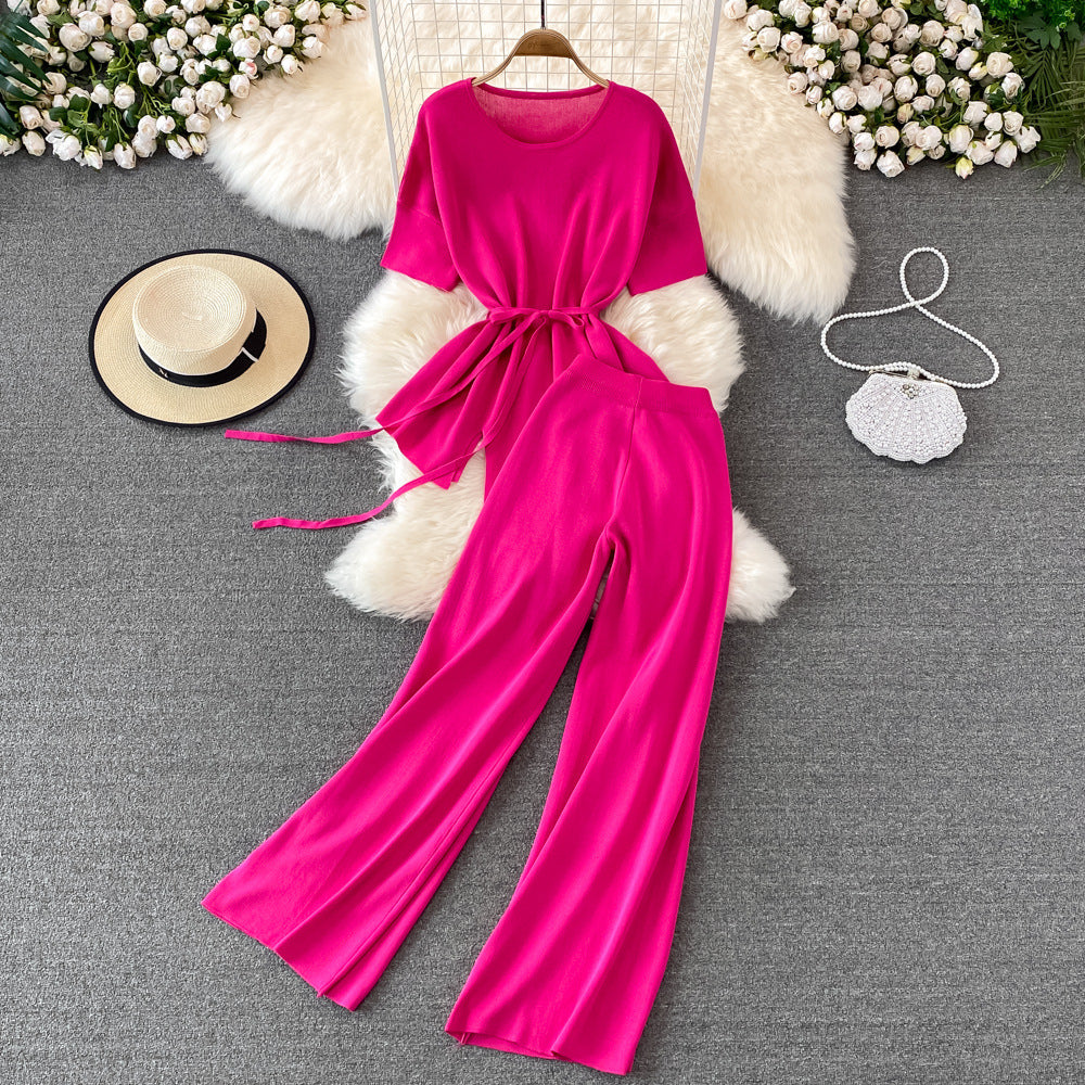 Fashionsuit goddess style asymmetrical round neck waist knittingtopstwo-piece sethigh waistslimming lookloose pantspants
