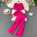 Fashionsuit goddess style asymmetrical round neck waist knittingtopstwo-piece sethigh waistslimming lookloose pantspants