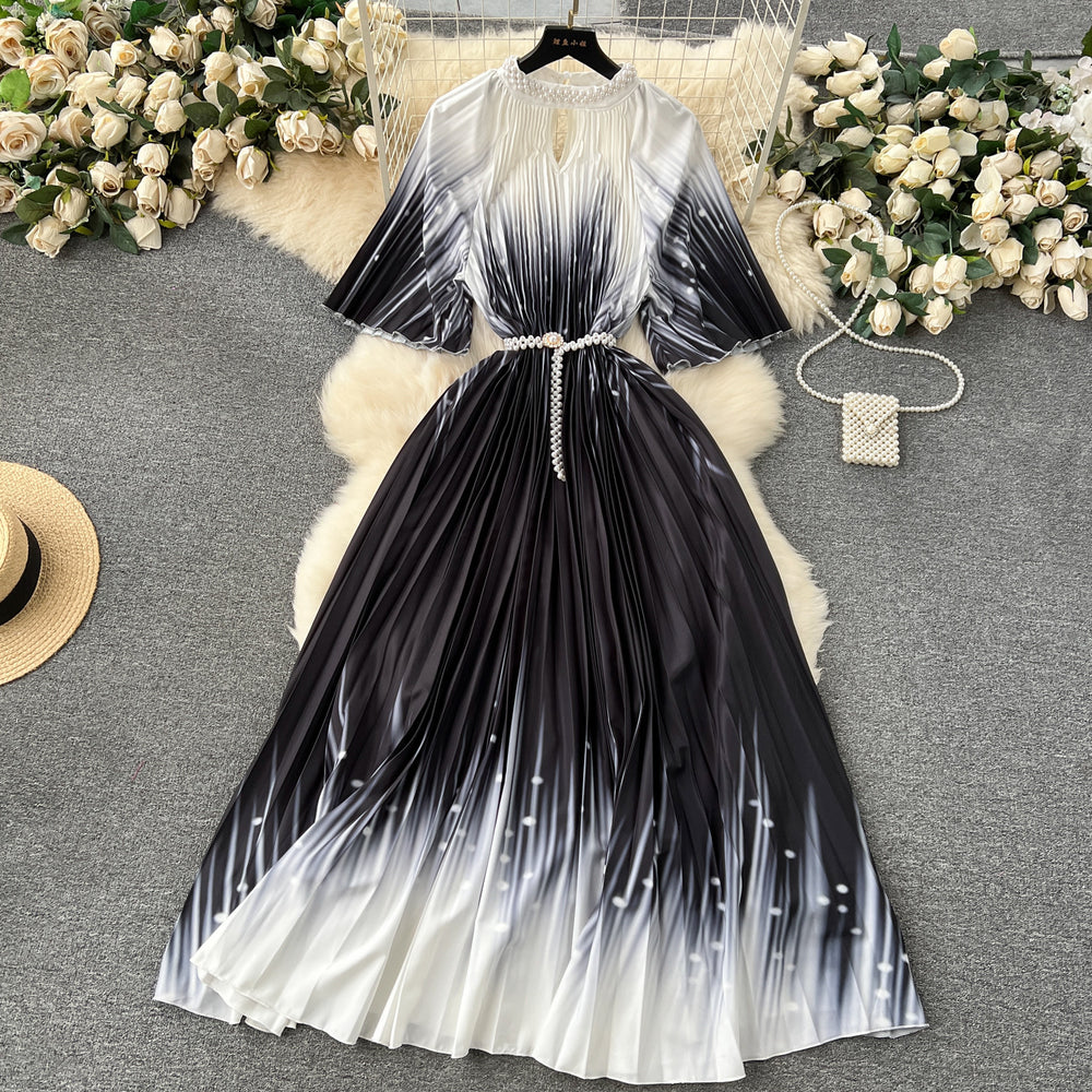 European style plus size women's high-end printed, heavily beaded, pleated long formal dress with pleated skirt - elegant women's dress