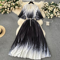 European style plus size women's high-end printed, heavily beaded, pleated long formal dress with pleated skirt - elegant women's dress