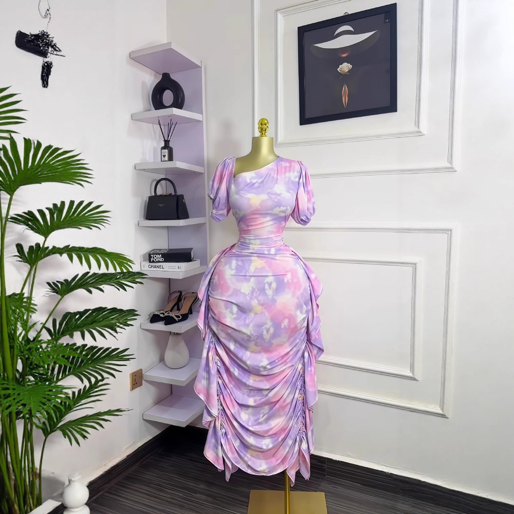 European and american cross-border women's fashion:  early autumn new arrival - bubble sleeve, asymmetrical neckline, printed ruffle trim, bodycon elegant dress
