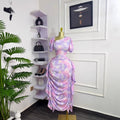 European and american cross-border women's fashion:  early autumn new arrival - bubble sleeve, asymmetrical neckline, printed ruffle trim, bodycon elegant dress
