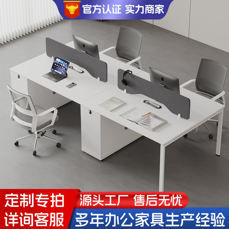 Customizable office desk and chair set - minimalist modern design for 4 or 6 workstations - office tables, employee screens, and booth seating