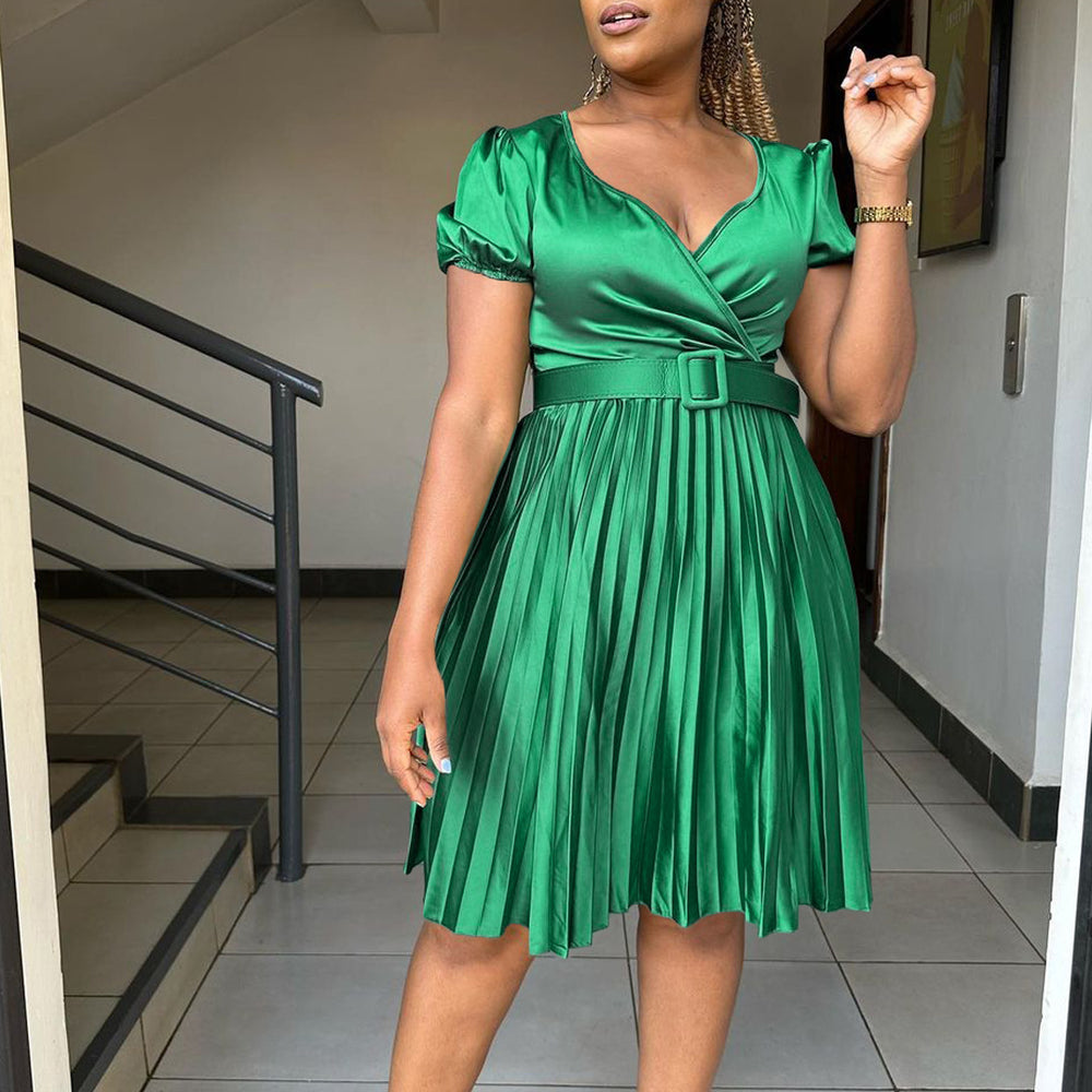 D370 belted european and american style women's summer  new  v-neck sexy pleated plus size foreign trade dress