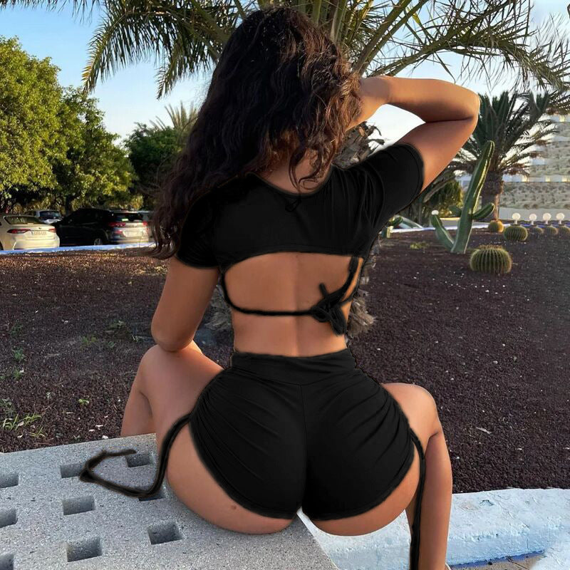 new arrivaltwo-piece set women's clothing fashion style hot girl round neck short-sleeved waistless topsilm shorts suit