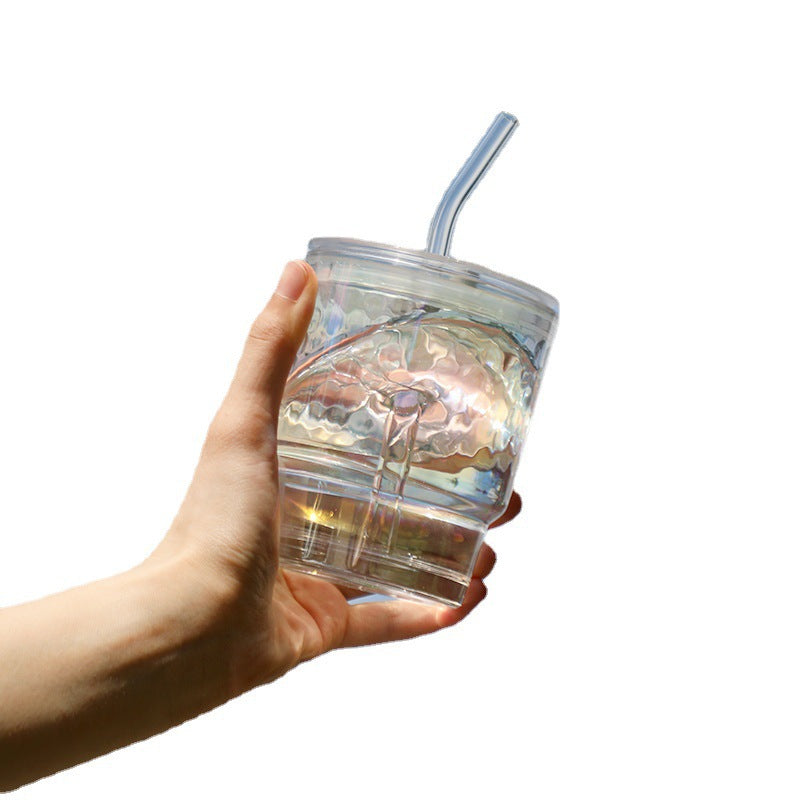 Trendy iridescent bamboo-style tumbler with airtight lid and straw - instagrammable, high-value glass water bottle - perfect for gifting
