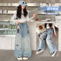Girls' hello kitty denim jeans, spring/summer  new collection, mid-to-large size, wide-leg pants for girls aged 8-9