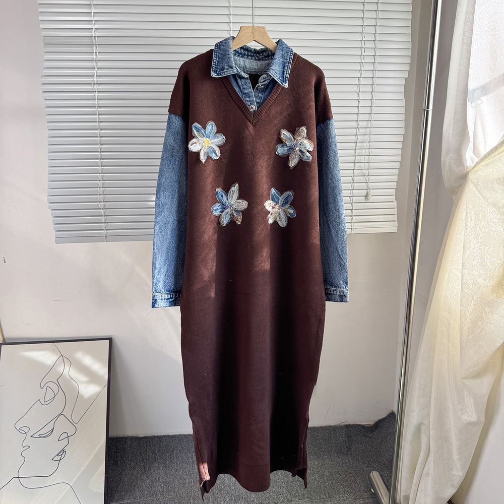 2025 fall/winter new arrival: denim patchwork knit faux two-piece collared dress with floral beaded embellishments - women's maxi dress