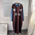 2025 fall/winter new arrival: denim patchwork knit faux two-piece collared dress with floral beaded embellishments - women's maxi dress