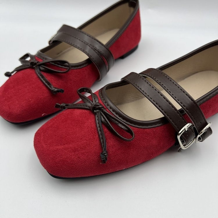 Export autumnew arrival square toe one-piece buckle flat heel shoes cross-border large size bows women's single shoes wholesale
