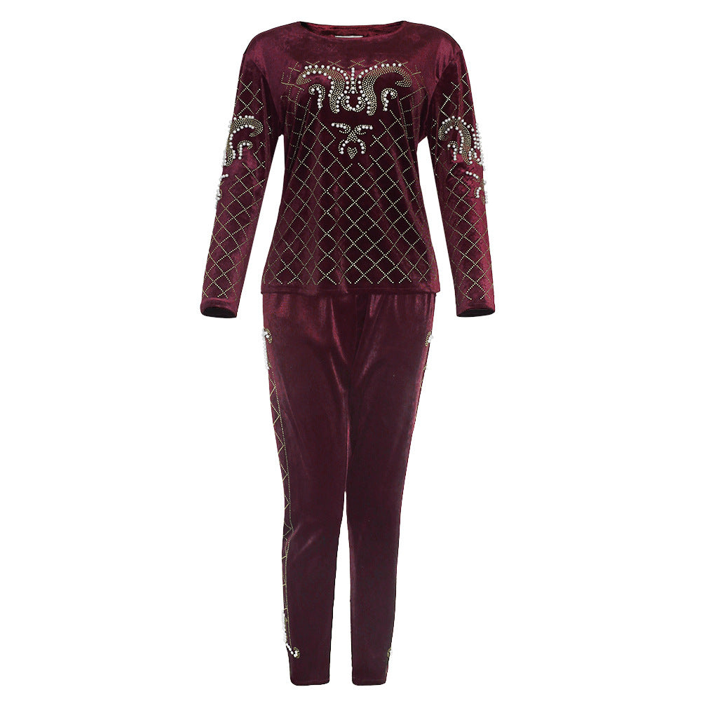 Amazon cross-border fashion casual set: beaded and rhinestone embellished african velvet long-sleeve t-shirt and slim-fit pants