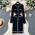 Fall and winterfrenchclassy small fragrant round neckcontrast color metal buckle waist slimming lookelegant inner sweaterdress