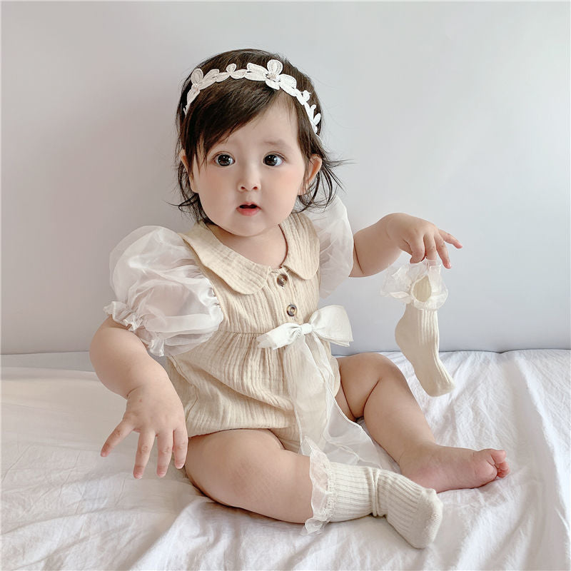Summer gauze breathable bubble sleeve mesh bodysuit outfit with headband - fresh & chic short sleeve