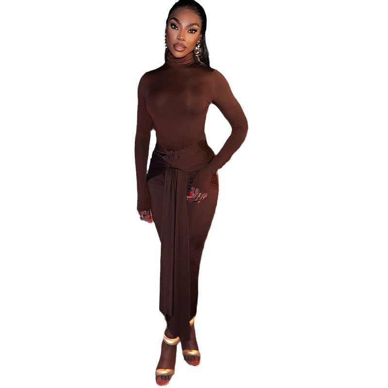 European and american style ins foreign trade women's solid color round neck long sleeve dress - mid-waist tie belt flowy elegant dress