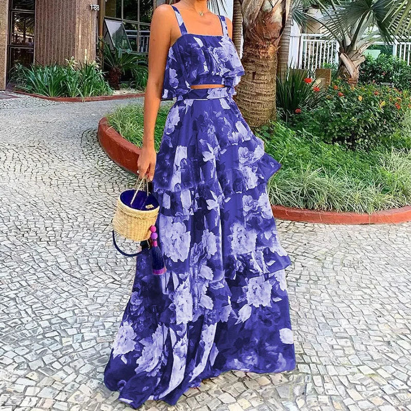 cross-border e-commerce women's fashion: european and american summer new arrivals - vacation-ready printed cami top and tiered maxi skirt set