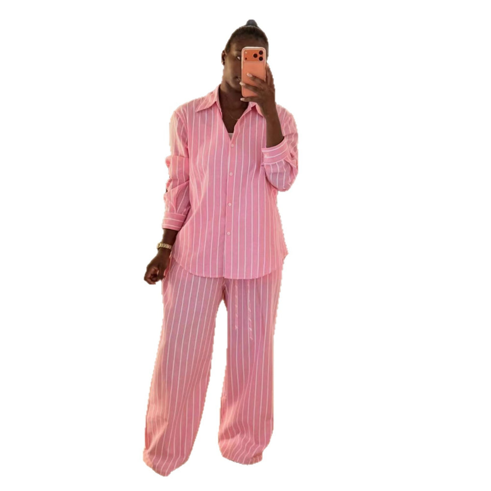 European and american cross-border women's clothing  spring/summer new fashion sweet striped loose long-sleeved shirt and tie-waist pants set