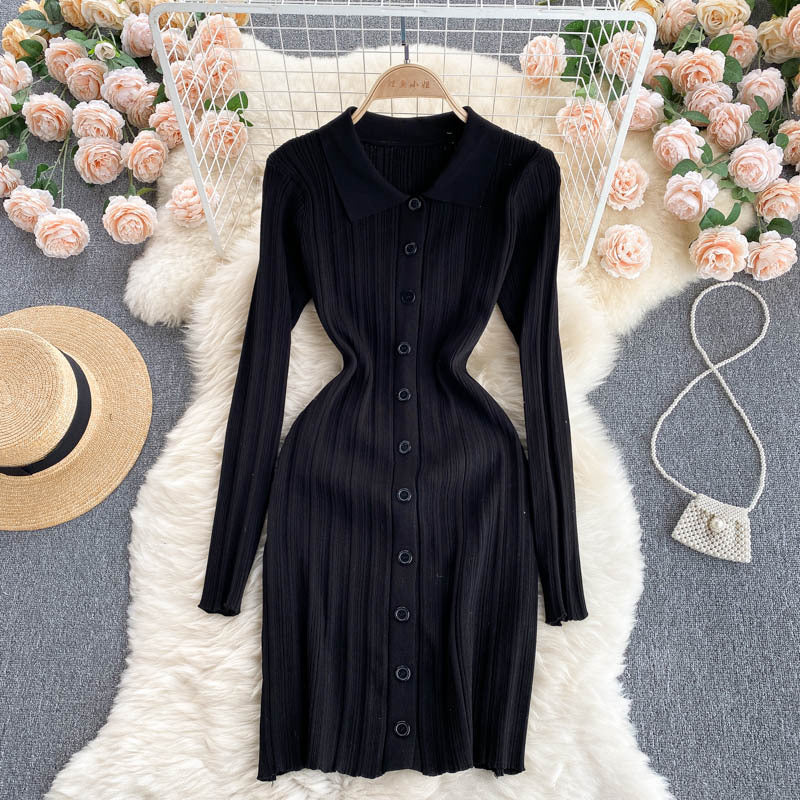 Autumn winternew arrivalfashionfashioneasiest for matchpure colorsilm polo collar pit strip knittinglong sleevesdress short skirt for women