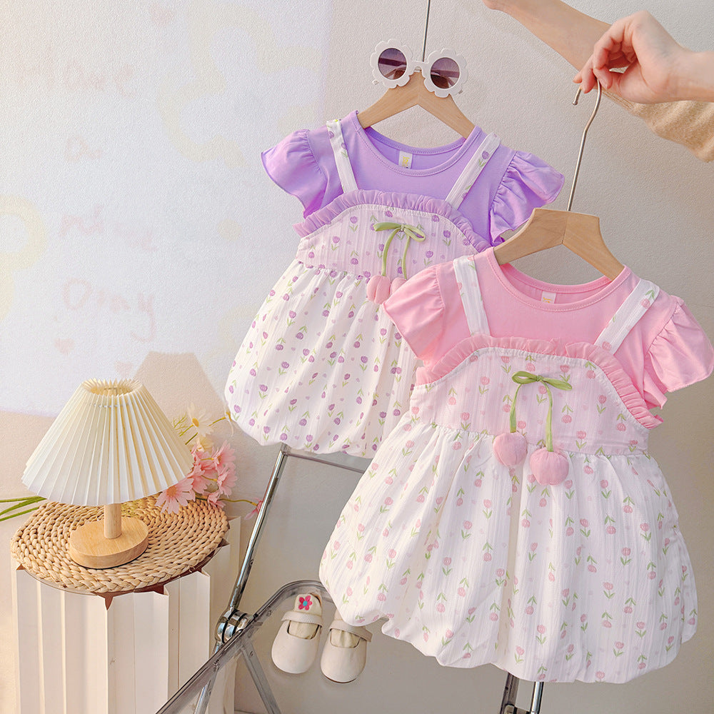 summer girls' cartoon dress - new floral print short-sleeve dress for toddlers and young children (faux two-piece)