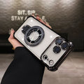 Creative fulcrum shield stand compatible with apple 17 pro phone case, electroplated four-corner anti-drop iphone 16 soft case