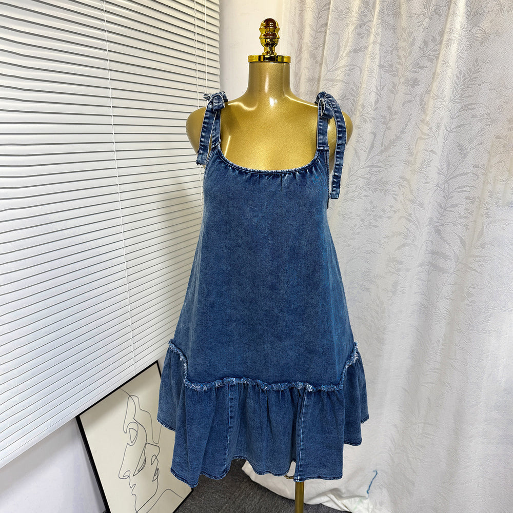 Export cross-border fashionins hot-selling summernew arrivalfashionpatchwork suspender strap a-line denim dress short skirt