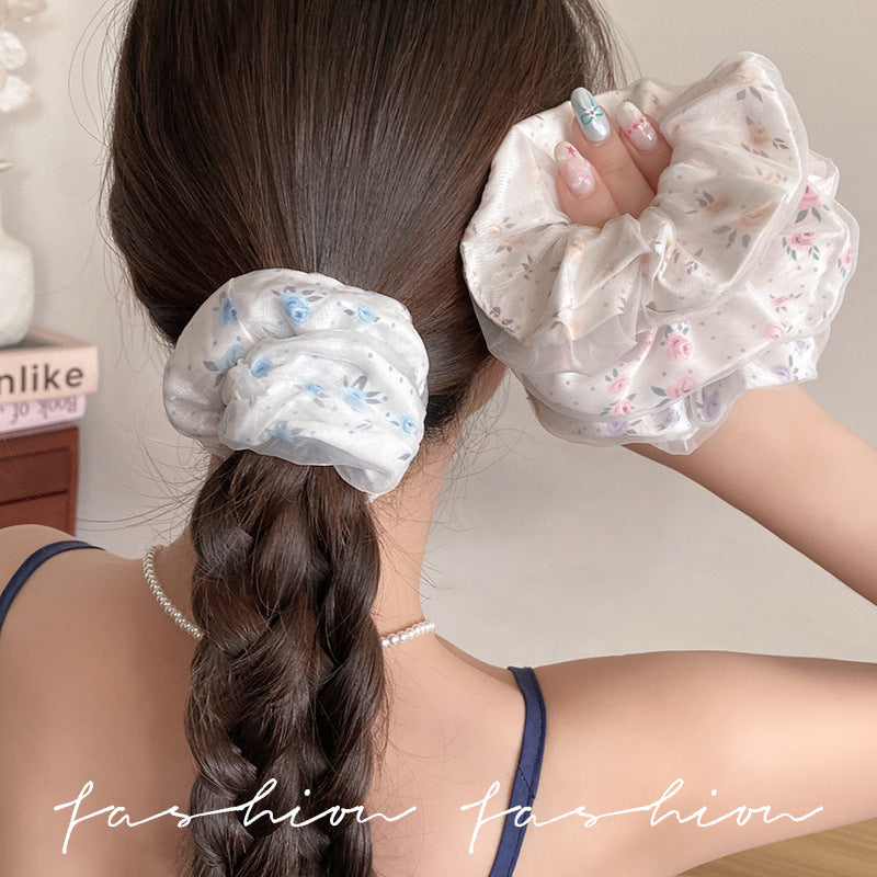 French retro floral lace pig intestine ring women's korean rubber band head flower hair ring headband hair accessories 2026 new style