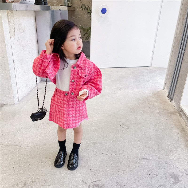 Baby girl spring/autumn preppy style long-sleeve casual outfit  girls' chanel-inspired denim jacket and mini skirt two-piece set