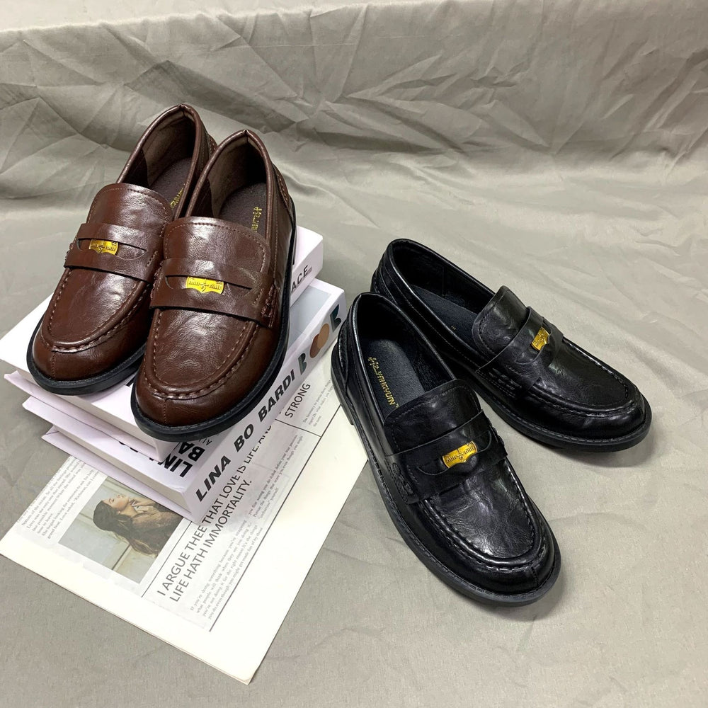 Genuine leather gold coin lazy loafers women's retroelegantwork clothingfall and winternew arrival british square heel small leather shoes thick heel