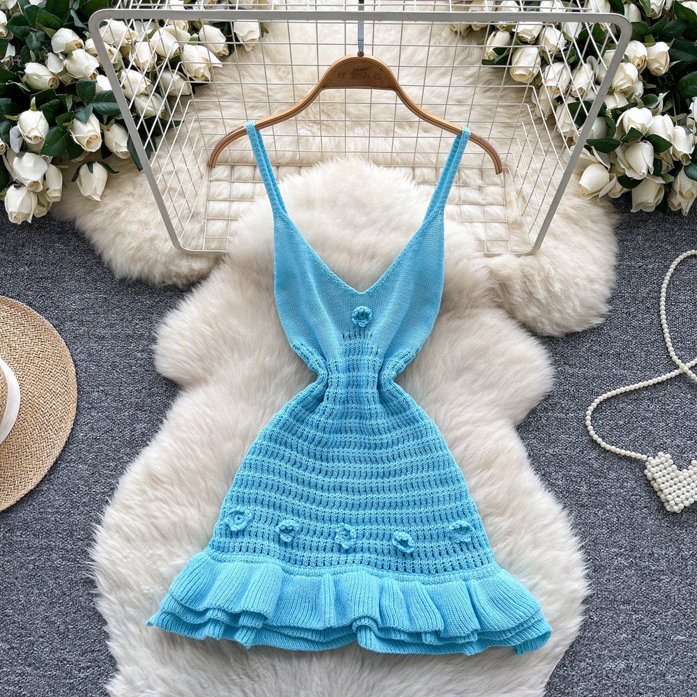 Pure desire sexy hot girl suspender hip skirt summer design sense stereo flower waist ruffles knittingdress
