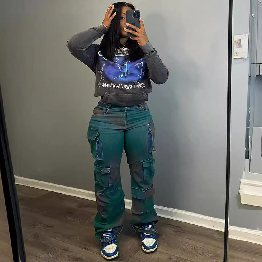 European and american style stretch denim cargo pants -  trendy, multi-pocket, loose fit, wide leg, spray-dyed straight leg work pants