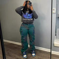 European and american style stretch denim cargo pants -  trendy, multi-pocket, loose fit, wide leg, spray-dyed straight leg work pants