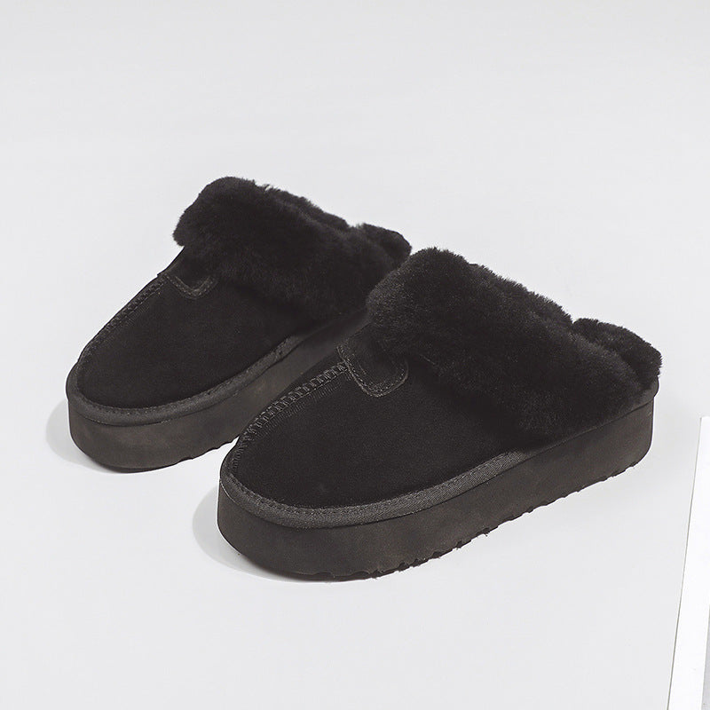 Women's fuzzy slippers - new 2026 autumn/winter collection: thick-soled snow boots, fleece-lined closed-toe half slippers, outdoor cotton shoes