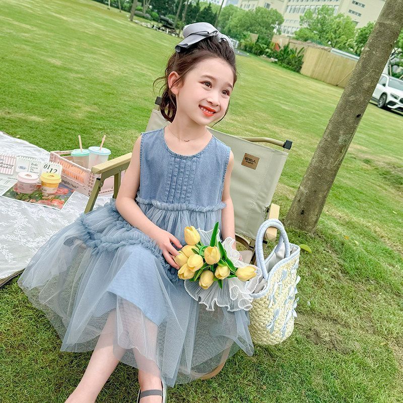 Girls' summer denim & mesh patchwork dress - sleeveless tank top style cake tutu dress for kids