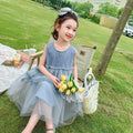 Girls' summer denim & mesh patchwork dress - sleeveless tank top style cake tutu dress for kids