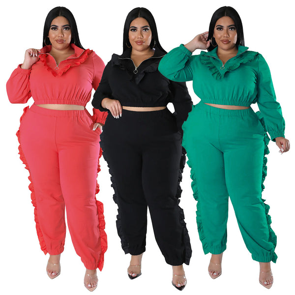 N7758   fashion large-size autumn and winter women's clothing, zipper stand-up collar ruffled pants set, solid color two-piece set