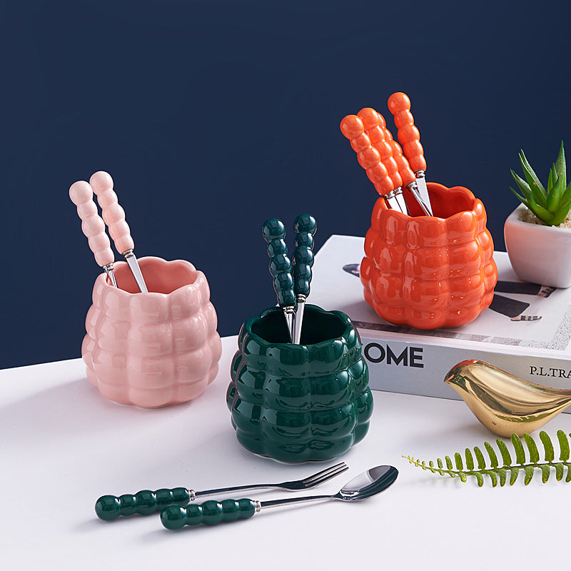 Minimalist ceramic fruit fork set - stylish, luxurious, and high-quality. ceramic handle fruit picks with stainless steel forks and spoons - wholesale