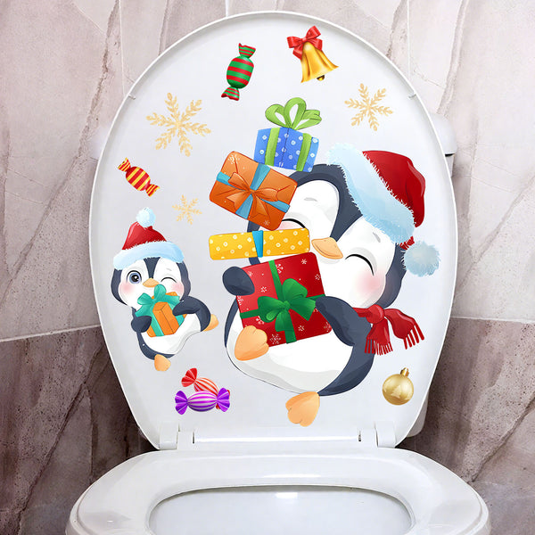 Cute cartoon Christmas animal penguin Christmas tree gift toilet sticker bathroom home decoration waterproof wall sticker