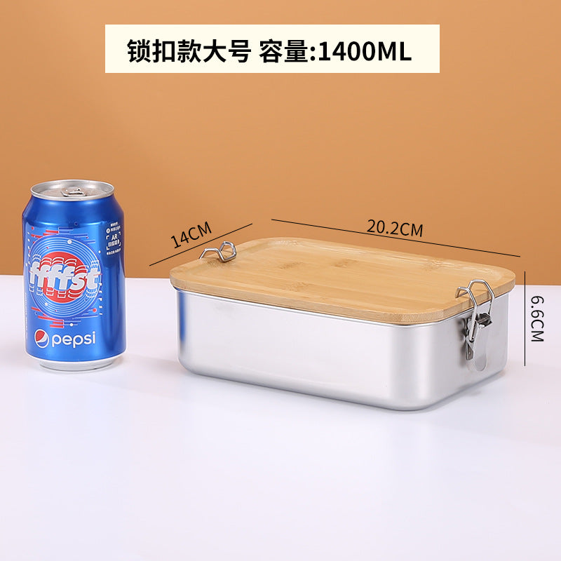304 stainless steel Japanese fresh-keeping box with bamboo cover storage refrigerator storage rectangular wooden cover lunch box stainless steel box