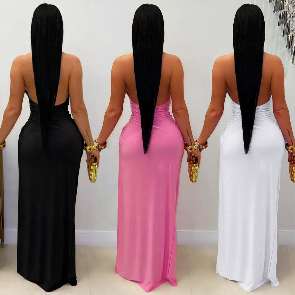 C7715 cross-border   fashion women's sexy deep v halter backless bodycon dress