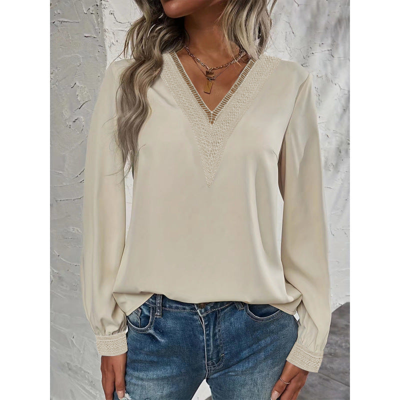 women's v-neck embroidered trim blouse - long sleeve bohemian lace detail casual top for everyday wear and vacation