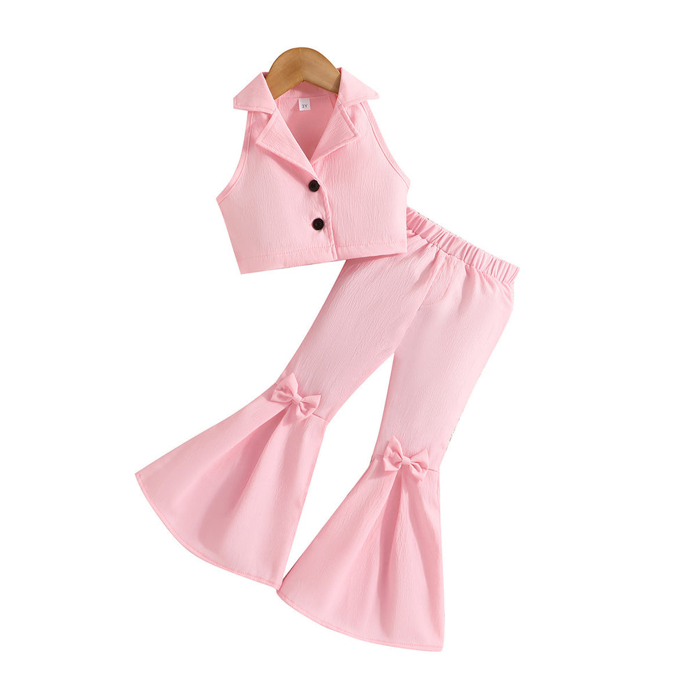 summer new sleeveless cropped top + solid color bowknot flare pants two-piece set - ready stock wholesale