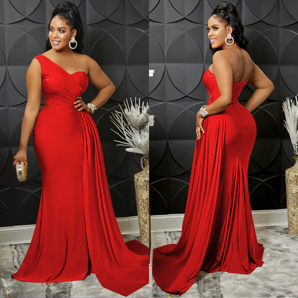 X5819 european and american new arrival   fashion solid color party bodycon one-shoulder sleeve maxi dress for women