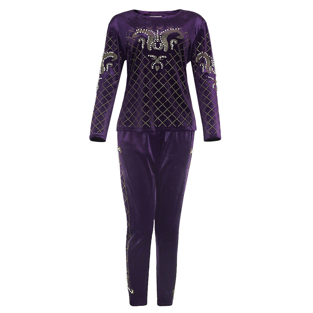 Amazon cross-border fashion casual set: beaded and rhinestone embellished african velvet long-sleeve t-shirt and slim-fit pants
