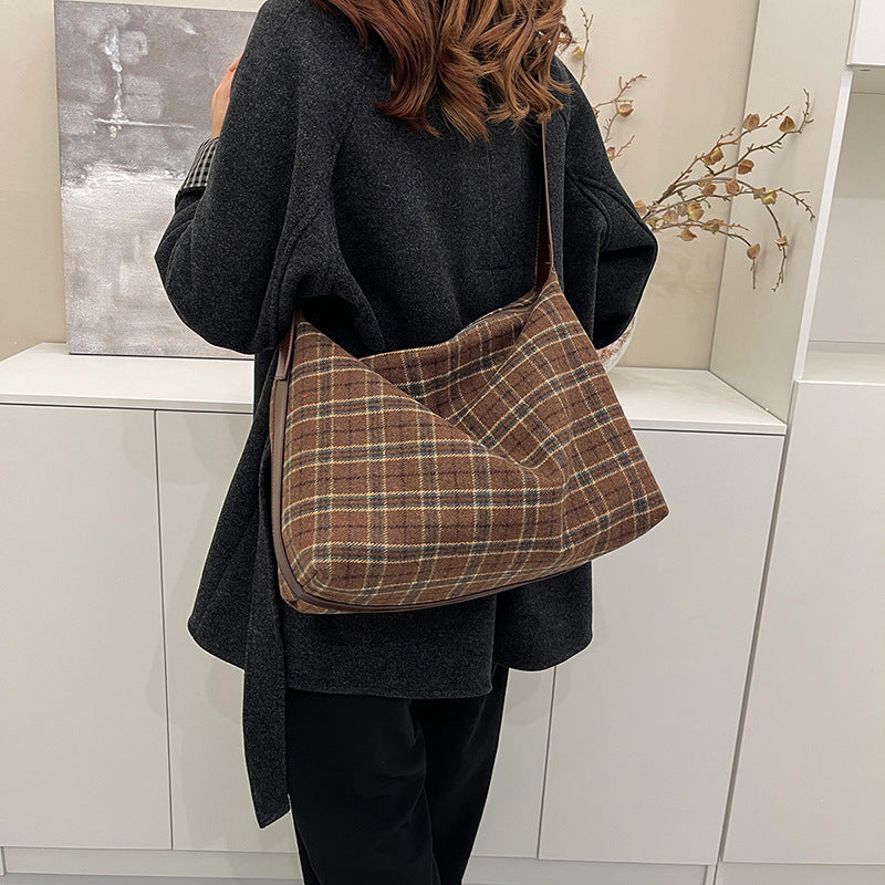 Bow lace-up shoulder bag Korean version casual large-capacity dumpling bag women's winter plaid tote bag