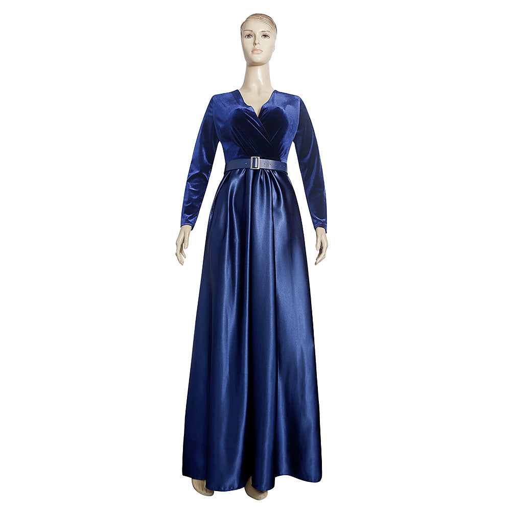 African dress women's european and american  cross-border hot style autumn and winter fashion deep v velvet long sleeve flared maxi dress * includes belt
