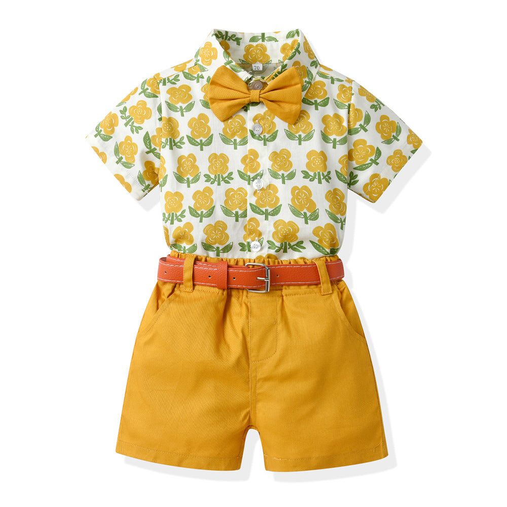 Sister and brother outfit, sister and brother outfit, family summer k-style male and female baby short-sleeved shirt, free belt, headband, shortssuit